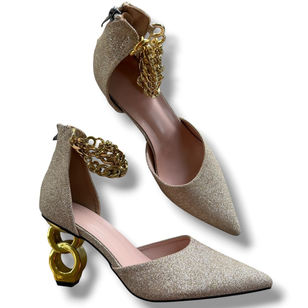 Women's 40 Gold Glitter Link Heel Chain Ankle Strap Pointed Toe Sculptural Pumps